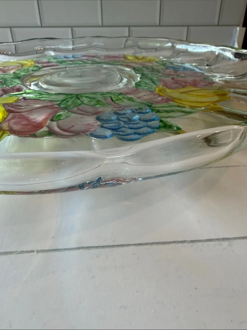 Hand-Painted Glass Serving Bowl with Floral Fruit Motif